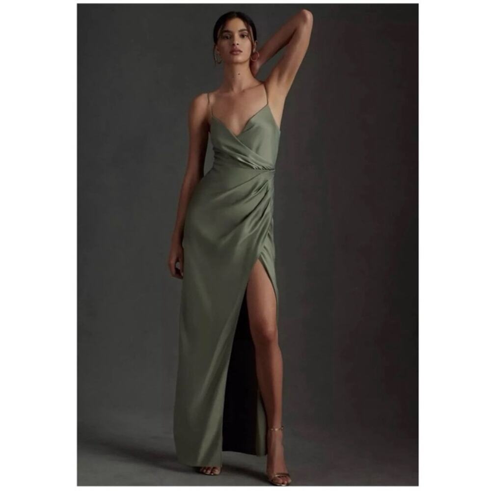 Sachin + Babi Olive Green Satin Slip Maxi Dress with Side Slit